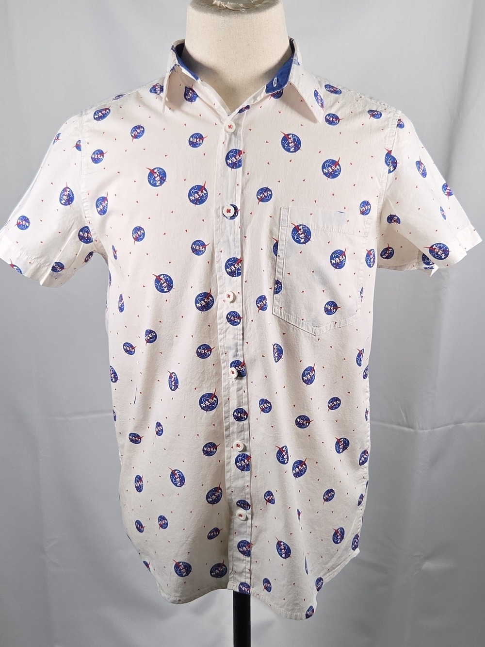 White Short-Sleeve Button-Up Shirt with Blue NASA Print Vintage Size S